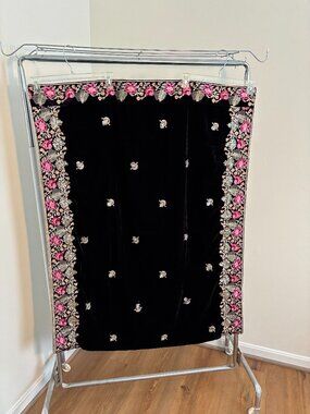 Black velvet shawl with four side thread and zari embroidery